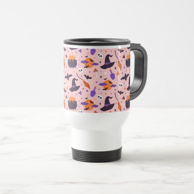 Cute Purple & Pink Halloween Pattern Travel Mug (Front Right)