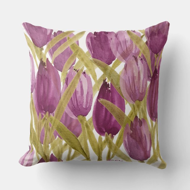 Cute Purple Pink Tulips Watercolor Art Cushion (Front)