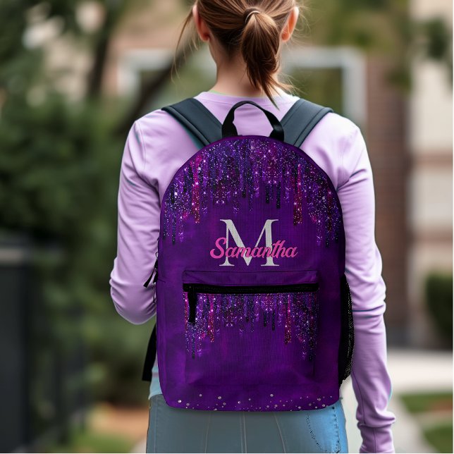 Cute Purple pink Unicorn Glitter Drips monogram Printed Backpack (Creator Uploaded)