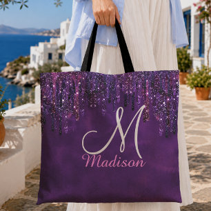 Cute Purple pink Unicorn Glitter Drips monogram Tote Bag