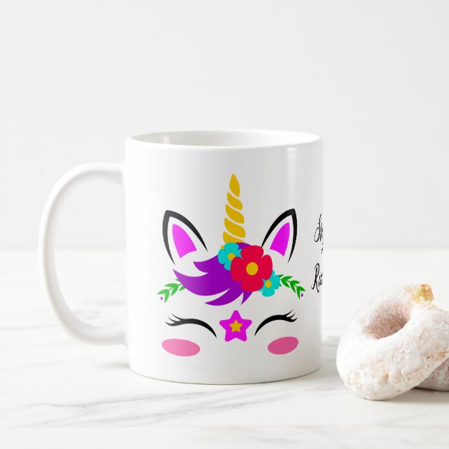 Cute Purple Pink Unicorn Red Flower Personalised Coffee Mug (With Donut)