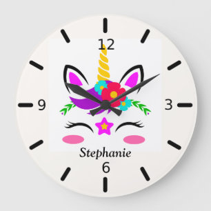 Cute Purple Pink Unicorn Red Flower Personalised Large Clock