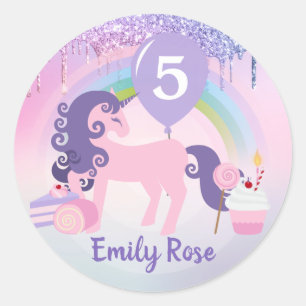 Cute Purple & Pink Unicorn Treats Birthday Classic Round Sticker