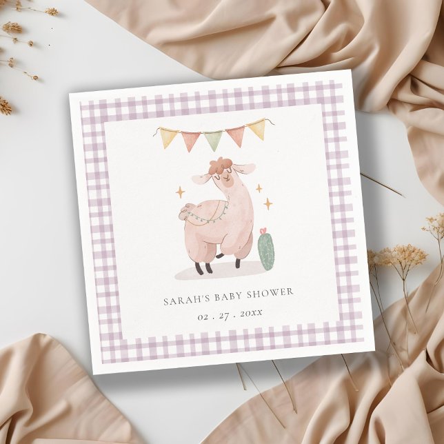 Cute Purple Plaid Cactus Boho Llama Baby Shower Napkin (Creator Uploaded)