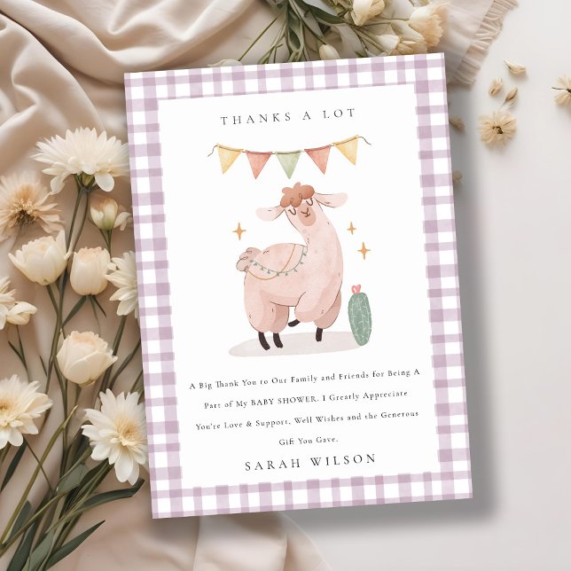 Cute Purple Plaid Cactus Boho Llama Baby Shower Thank You Card (Creator Uploaded)