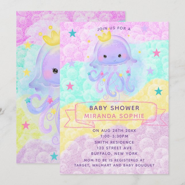 Cute Purple Princess Jellyfish Girl Baby Shower Invitation (Front/Back)