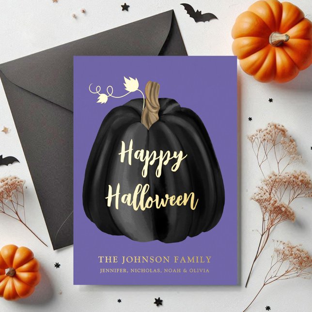 Cute Purple Pumpkin Happy Halloween Gold  (Cute Purple Pumpkin Happy Halloween Gold Foil Holiday Card)