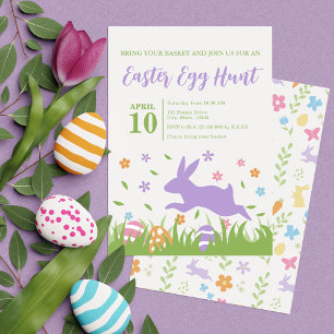 Cute Purple Rabbit Green Floral Easter Egg Hunt Invitation