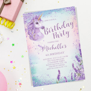 Cute Purple rainbow Glitter Floral Unicorn Invitation
