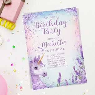 Cute Purple Rainbow Glitter Floral Unicorn Invitation