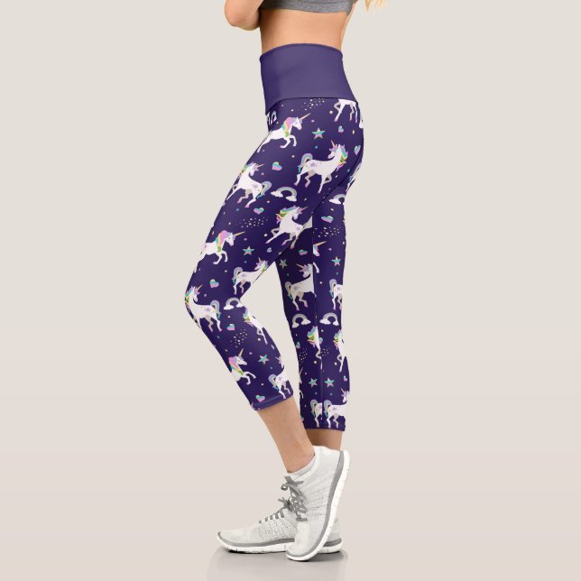 Cute Purple Rainbow Hearts And Stars Unicorn Capri Leggings (Left)