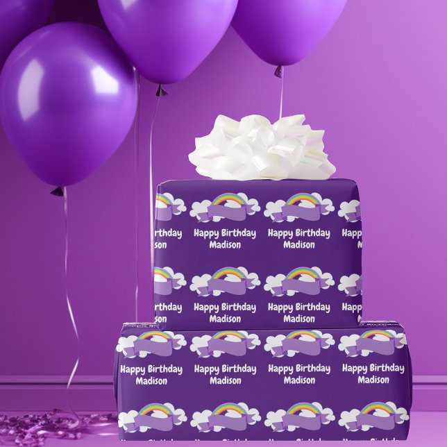 Cute Purple Rainbow Personalised Birthday Party Wrapping Paper (Creator Uploaded)