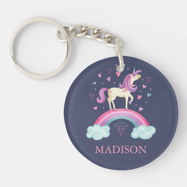 Cute Purple Rainbow Unicorn Key Ring (Front)