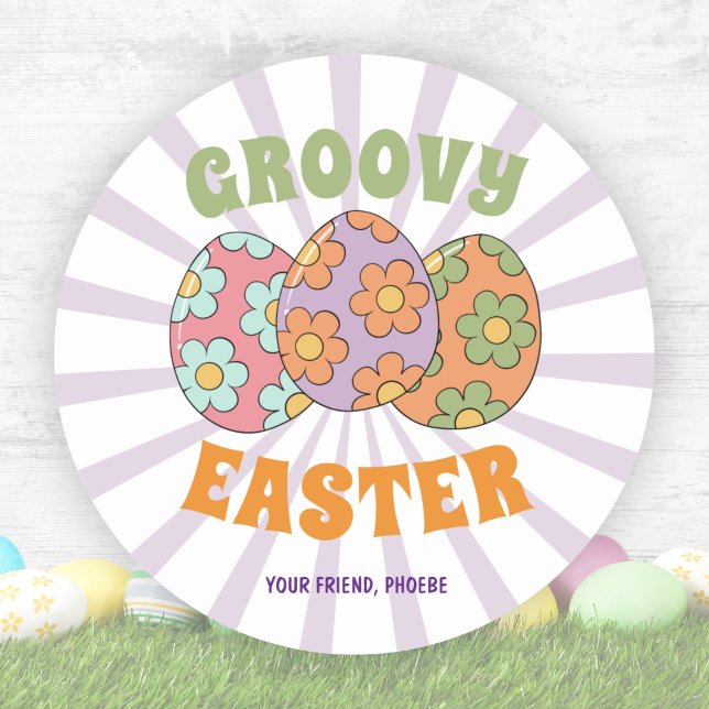Cute Purple Retro Groovy Easter Party Classic Round Sticker (Cute Purple Retro Groovy Easter Party Classic Round Sticker)