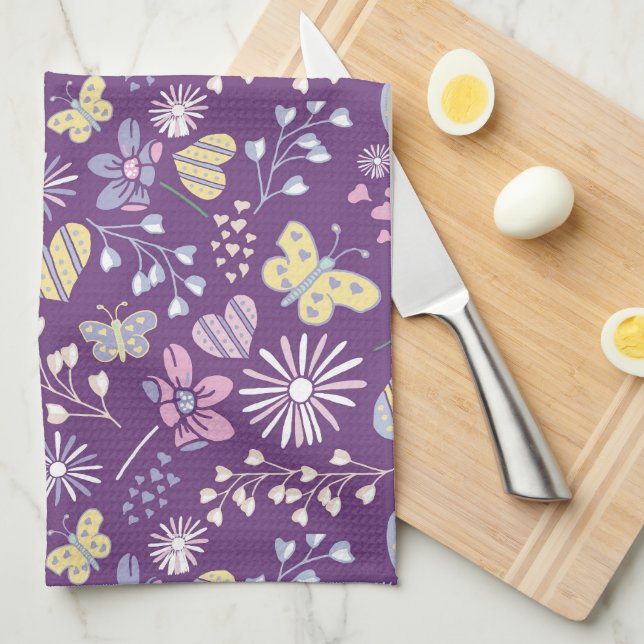 Cute Purple Retro Hearts Flowers Butterflies Tea Towel (Quarter Fold)