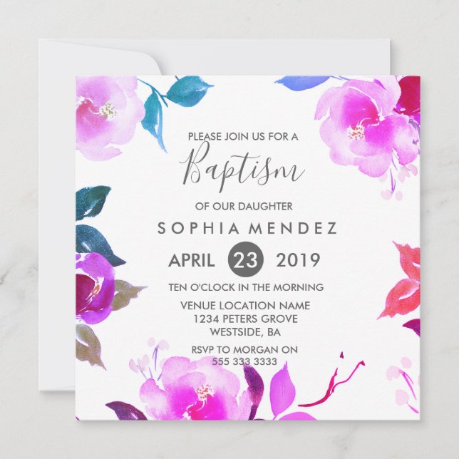 Cute Purple Rose Floral Girl Baptism Invite (Front)