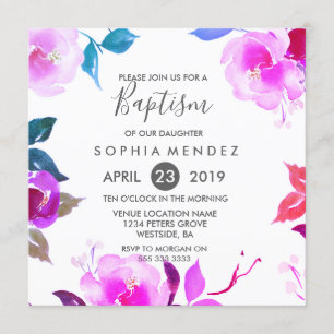 Cute Purple Rose Floral Girl Baptism Invite