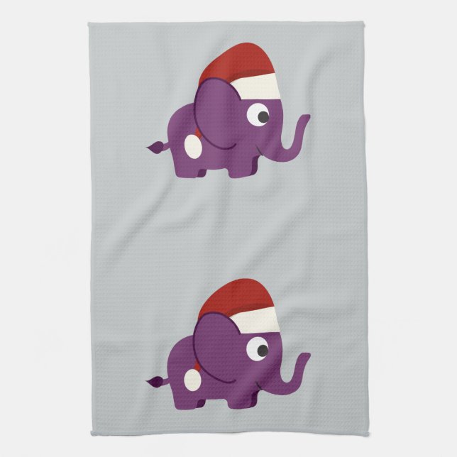 Cute Purple Santa Elephant Tea Towel (Vertical)