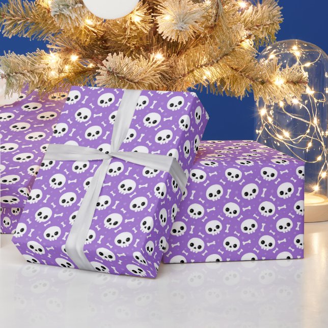 Cute Purple Skull & Bones Halloween Pattern Wrapping Paper (Holidays)