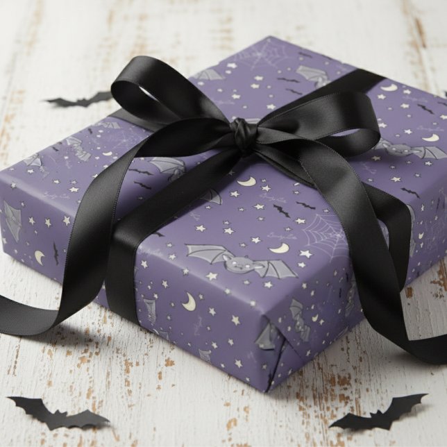 Cute Purple Spooky Bats Halloween Pattern Wrapping Paper (Purple Bats Halloween or October Birthday Party Wrapping Paper. Whimsical Wings Halloween Pattern)