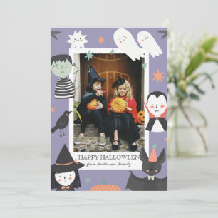 Cute Purple Spooky Characters Halloween Photo Holiday Card