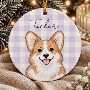 Cute Purple Striped Corgi Monogram Ceramic Tree Decoration