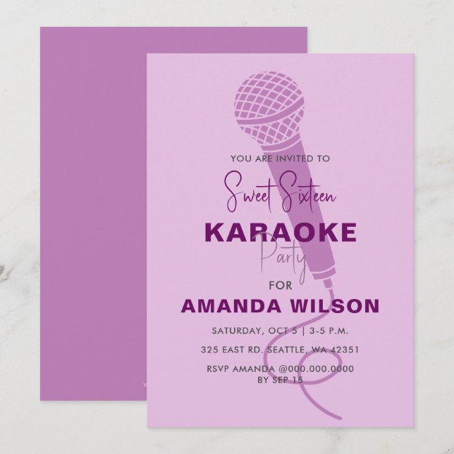 Cute Purple Sweet 16 Birthday Karaoke Party  Invitation (Front/Back)
