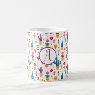 Cute Purple Teal Floral Cactus Script Monogram Coffee Mug