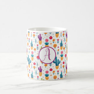 Cute Purple Teal Floral Cactus Script Monogram  Coffee Mug