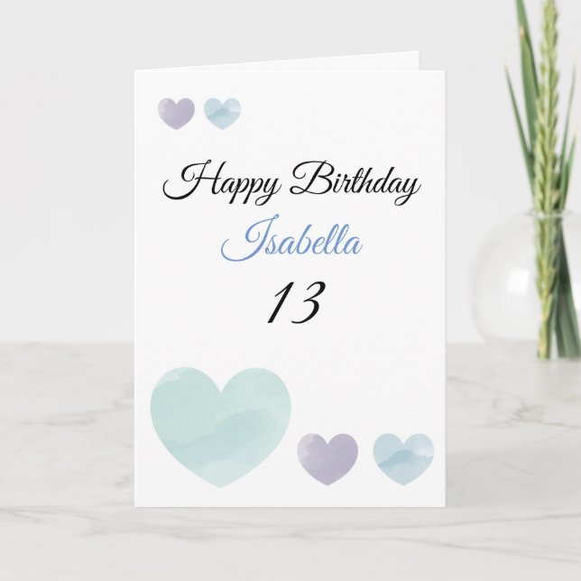 Cute Purple & Teal Watercolor Hearts 13th Birthday Card (Front)