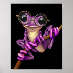 Cute Purple Tree Frog with Eye Glasses on Black Poster