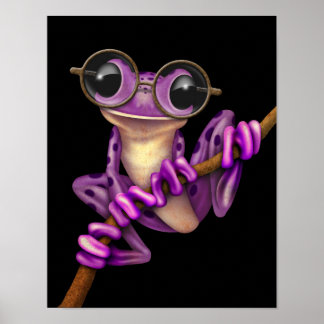 Cute Purple Tree Frog with Eye Glasses on Black Poster