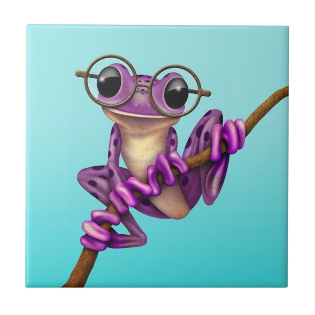 Cute Purple Tree Frog with Eye Glasses on Blue Tile (Front)