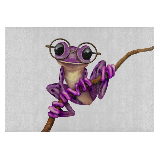 Cute Purple Tree Frog with Eye Glasses on White Cutting Board (Front)