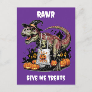 cute purple trex with witches hat personalised postcard