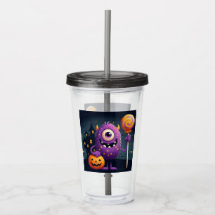 Cute, purple trick-or-treating monster acrylic tumbler
