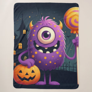 Cute, purple trick-or-treating monster sherpa blanket