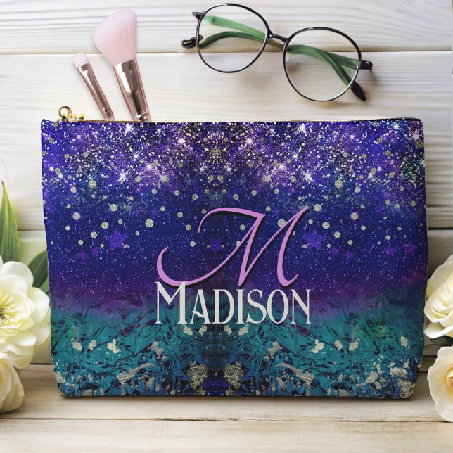 Cute purple turquoise ombre glitter monogram accessory pouch (Creator Uploaded)