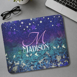 Cute purple turquoise ombre glitter monogram mouse pad
