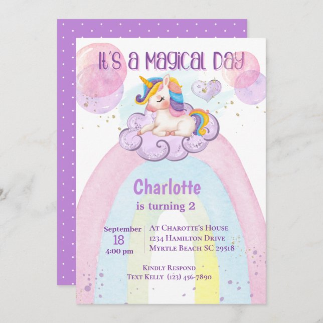 Cute Purple Unicorn 2nd Birthday Rainbow   Invitation (Front/Back)