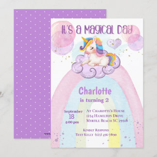 Cute Purple Unicorn 2nd Birthday Rainbow Invitation