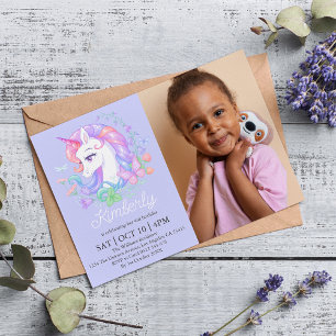 Cute Purple Unicorn All Ages Photo Kids Birthday  Invitation