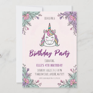 cute purple unicorn birthday invitations