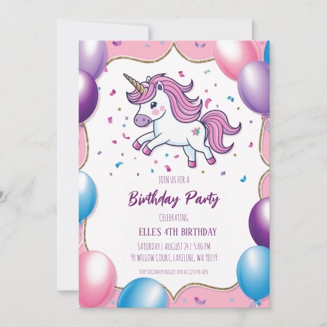 cute purple unicorn birthday invitations (Front)