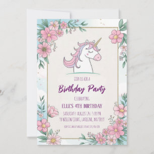 cute purple unicorn birthday invitations