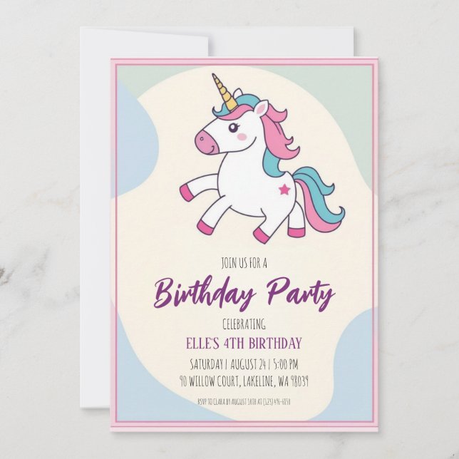 cute purple unicorn birthday invitations (Front)