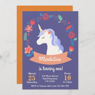 Cute purple unicorn floral birthday invitation