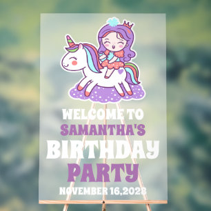 Cute Purple Unicorn Girl Birthday Welcome Frosted Acrylic Sign