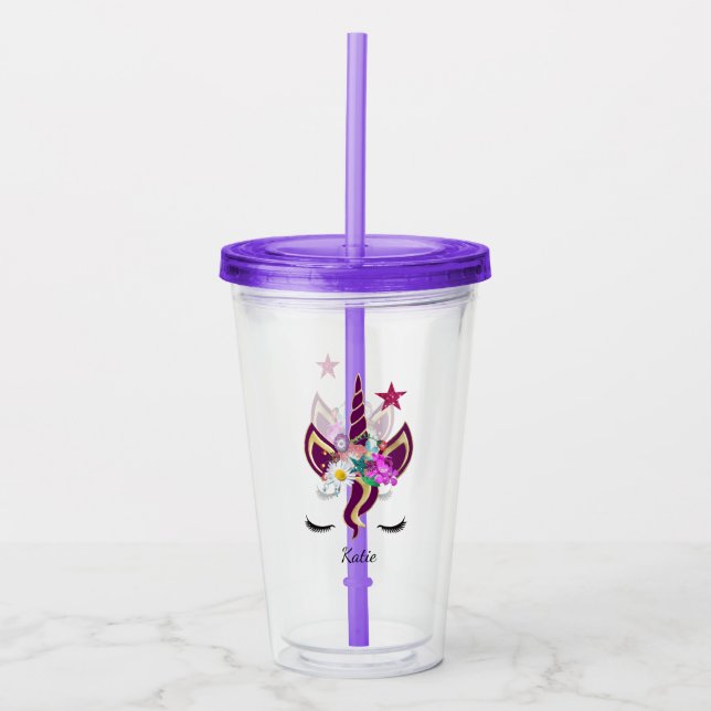 Cute Purple Unicorn Horn Personalised Acrylic Tumbler (Front)