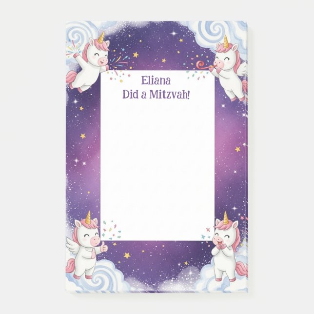Cute Purple Unicorn Personalised Mitzvah Post-it Notes (Front)